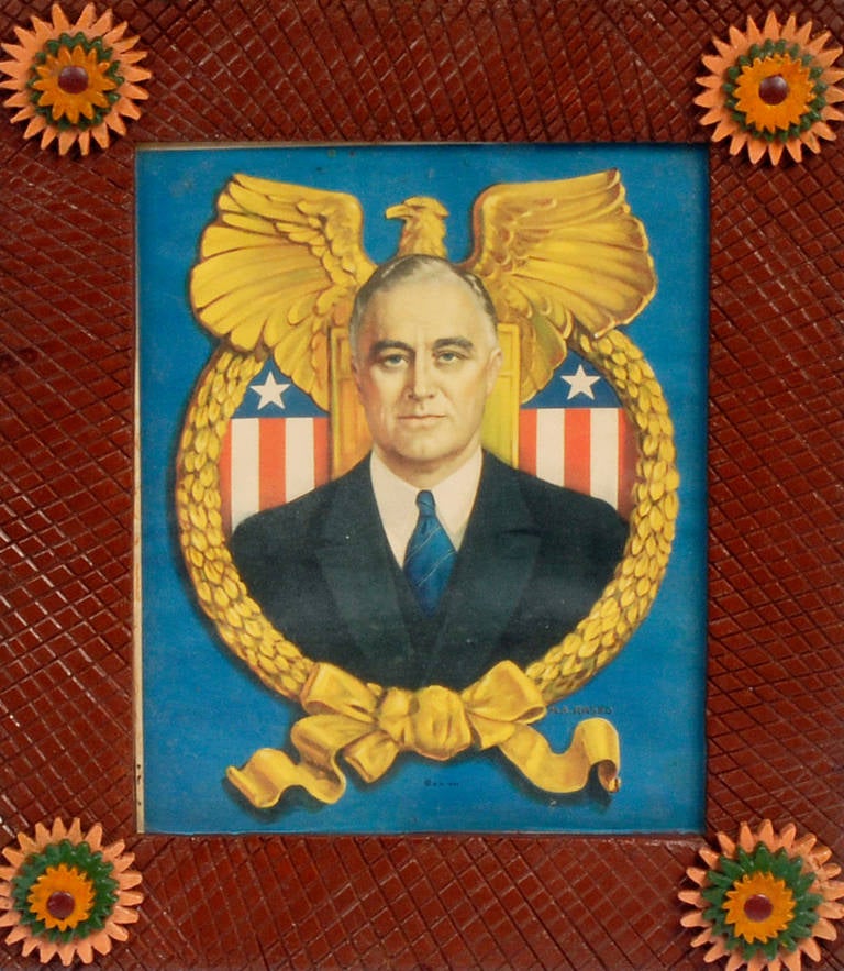 Mid-20th Century Patriotic 'FDR' Tramp Art Frame with Print, 1930s