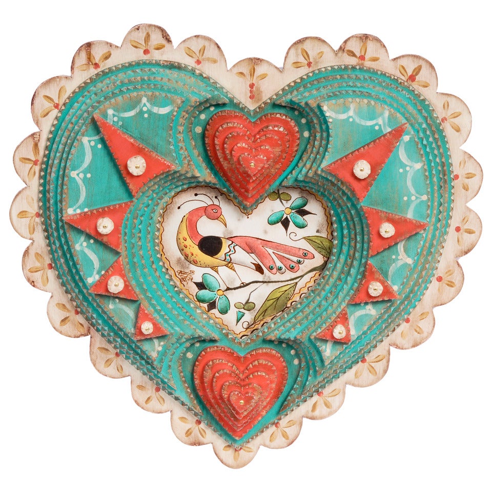 Lacy Tramp Art Heart Shaped Frame with Fractur by Angie Dow