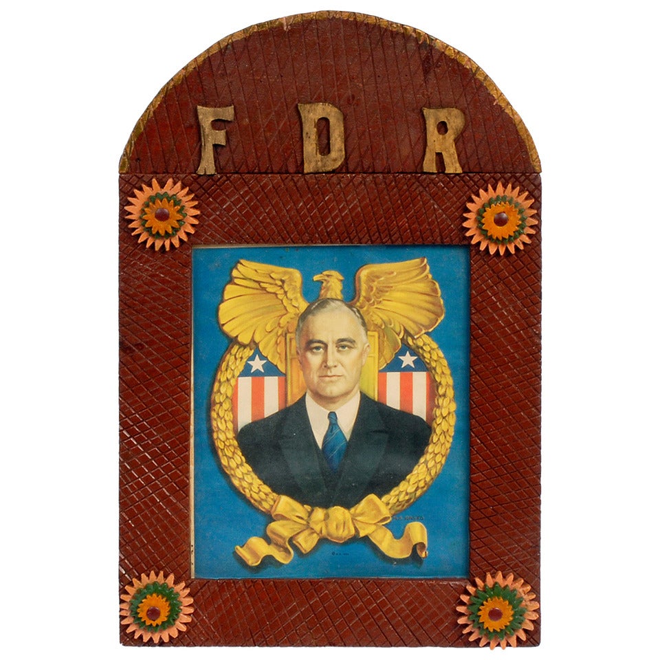 Patriotic 'FDR' Tramp Art Frame with Print, 1930s