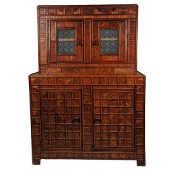 Antique Masterpiece Tramp Art Cupboard with Etched Glass Doors