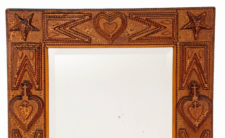 American Expressive Tramp Art Mirror with Hearts and Stars