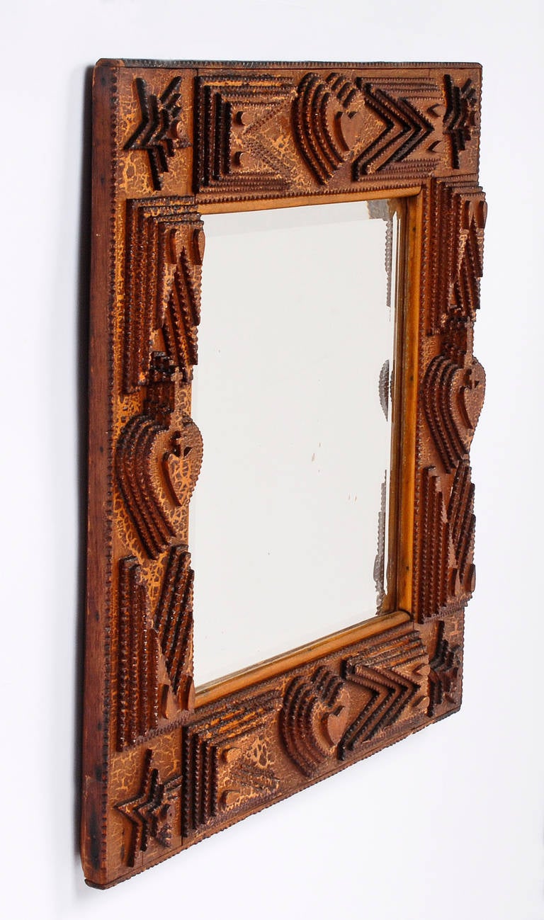 19th Century Expressive Tramp Art Mirror with Hearts and Stars