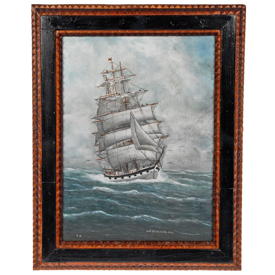 Ship Painting in Tramp Art Frame Signed For Sale