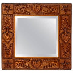 Expressive Tramp Art Mirror with Hearts and Stars