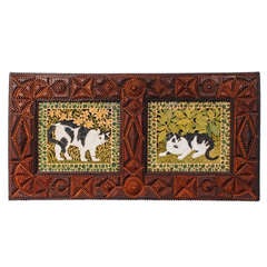 Fine Geometric Double Opening Tramp Art Frame with Cat Paintings