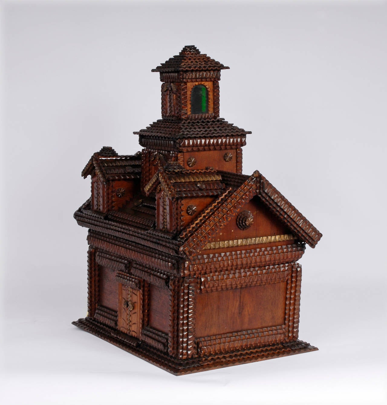 American Tramp Art House Shaped Box and Tower on Platform For Sale