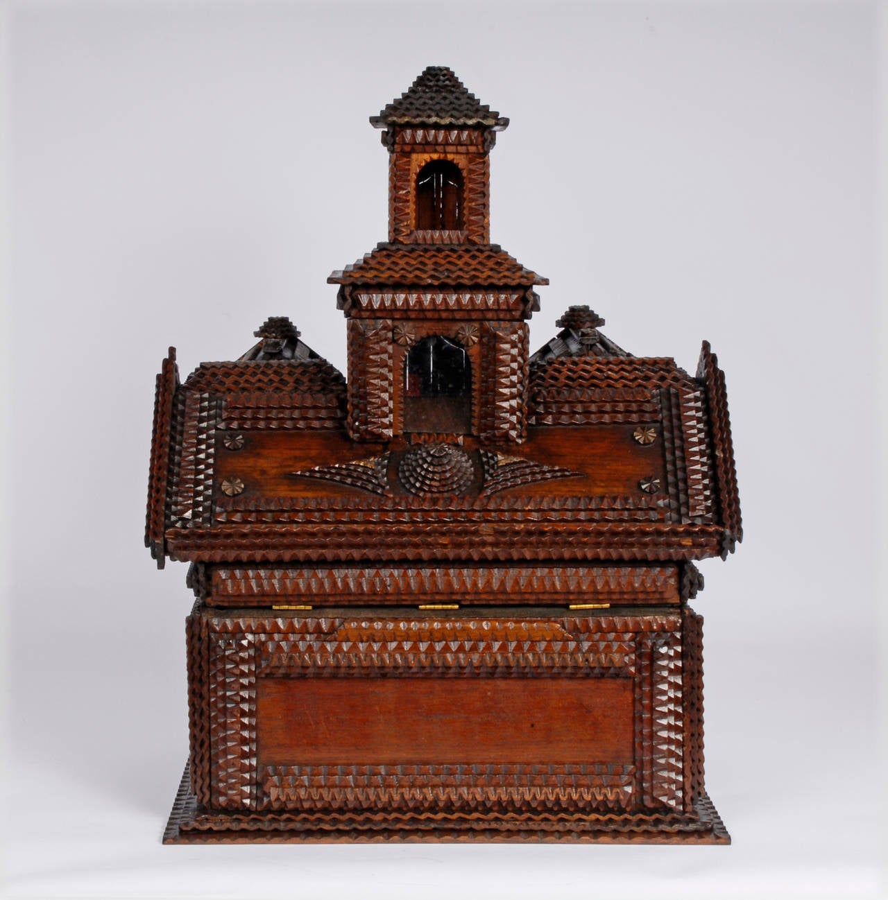 19th Century Tramp Art House Shaped Box and Tower on Platform For Sale