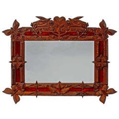 Antique Masterful Tramp Art Mirror with Butterflies and Birds