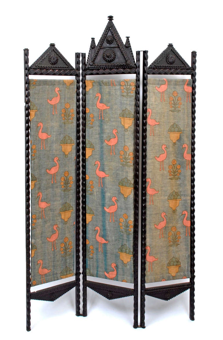 Fine tramp art three panel screen with apex tops. The original fabric is quirky and fun. Illustrated in a full page photograph in Tramp Art Another Notch Folk Art from the Heart on page 187. Circa 1890s.