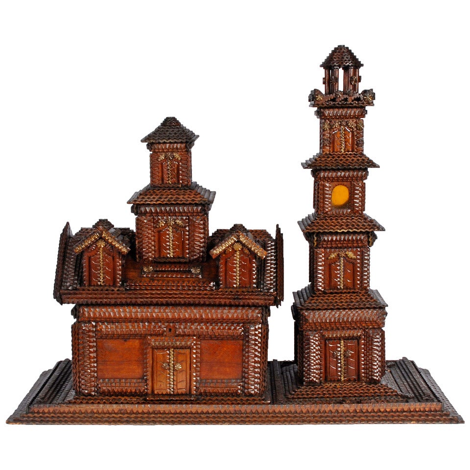 Tramp Art House Shaped Box and Tower on Platform For Sale