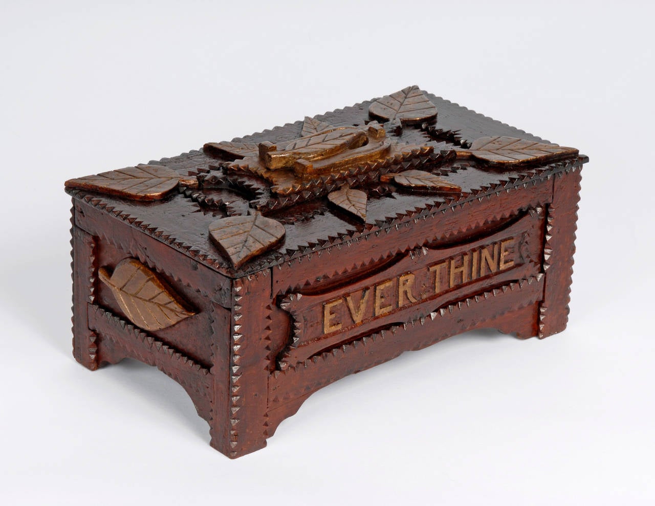 Folk Art 'Ever Thine' Inscribed Tramp Art Box with Leaves, Hearts and a Horeshoe