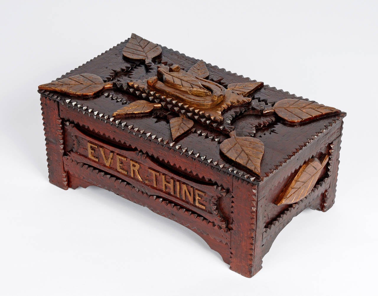 American 'Ever Thine' Inscribed Tramp Art Box with Leaves, Hearts and a Horeshoe