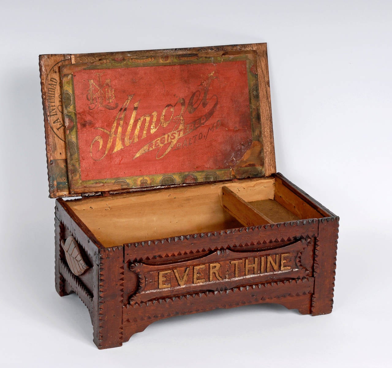 Late 19th Century 'Ever Thine' Inscribed Tramp Art Box with Leaves, Hearts and a Horeshoe