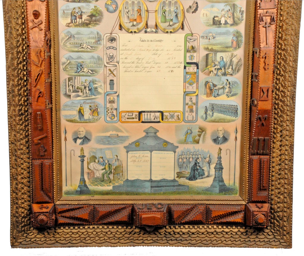 Exceptional tramp art International Order of Odd Fellows presentation frame with its original lithograph showing the deep meaningful rights & beliefs of the organization.  The frame made by John E. Carr is three dimensional showing numerous carved