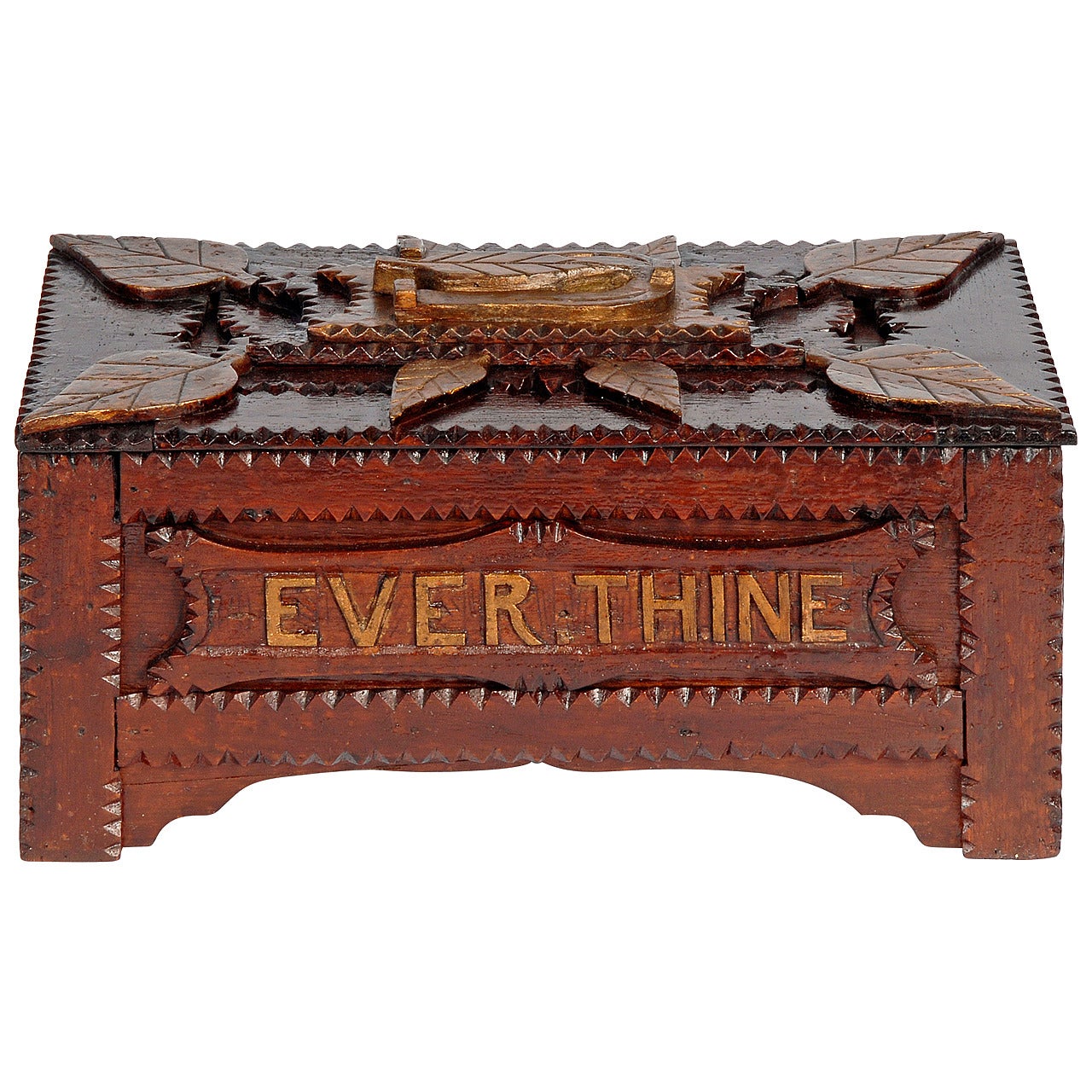 'Ever Thine' Inscribed Tramp Art Box with Leaves, Hearts and a Horeshoe