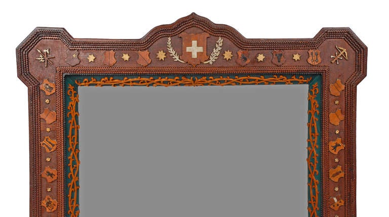 Impressive Tramp Art Mirror with Figural Carvings Dated '1912'