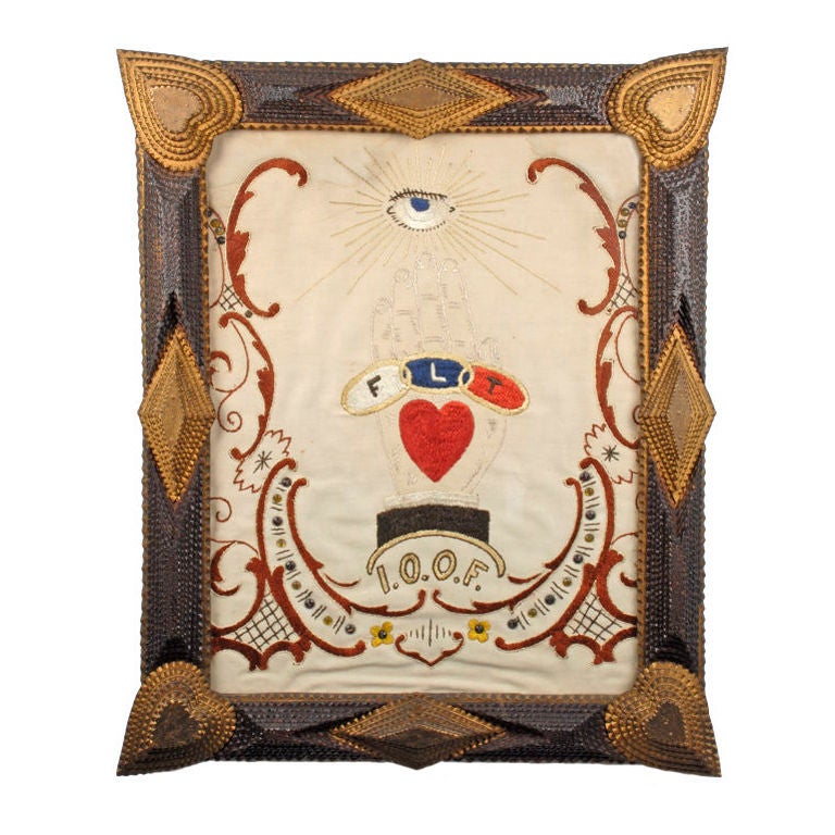 Tramp Art Heart Cornered Frame with 'Odd Fellow' Embroidery