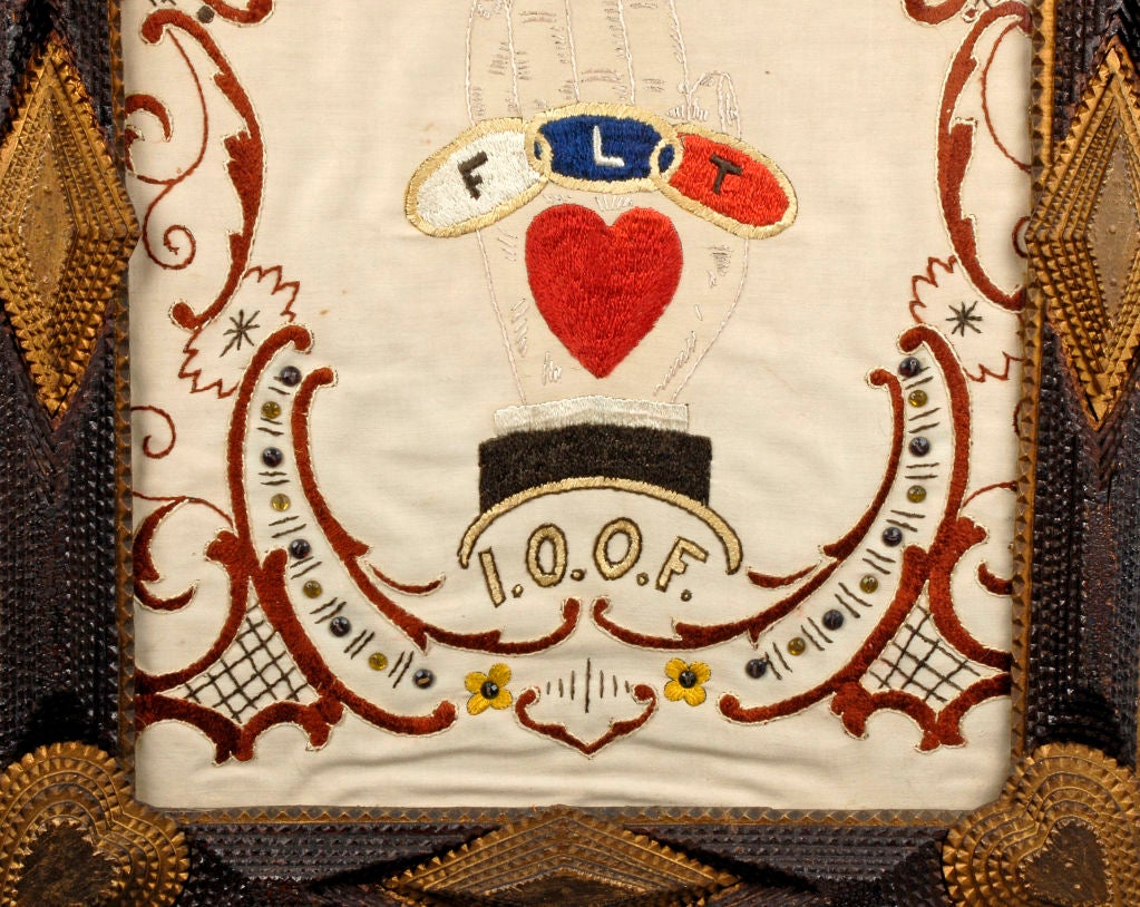Tramp Art Heart Cornered Frame with 'Odd Fellow' Embroidery In Excellent Condition In Manalapan, NJ