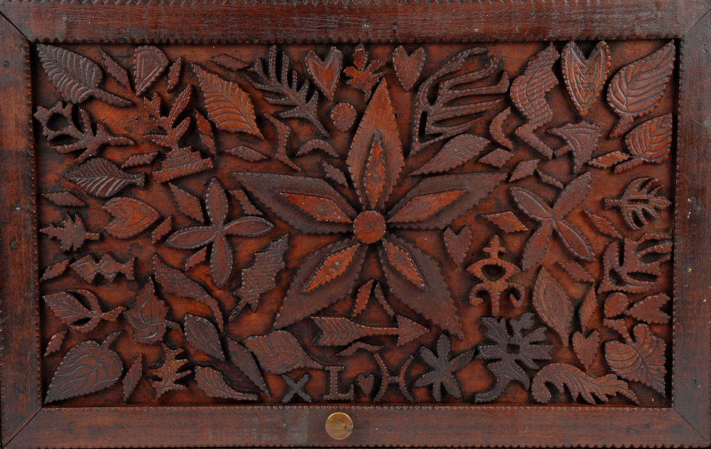 Folk Art Outstanding Tramp Art Box w Hearts, Leaves & Fantasy Images