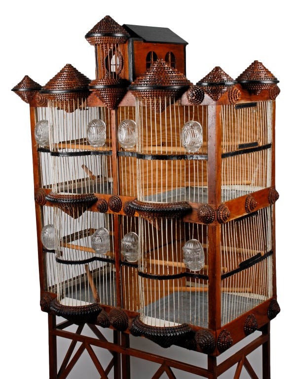 Superb Tramp Art Bird Cage House Shaped on Stand & Published 1