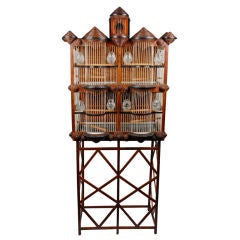 Antique Superb Tramp Art Bird Cage House Shaped on Stand & Published