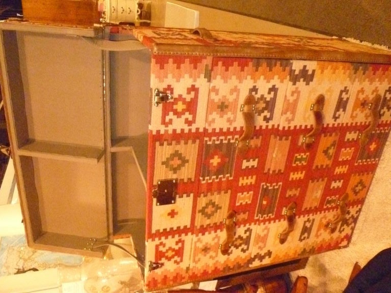 Andrew Martin Signed Kilim Chest Trunk Leather Nailhead Trim