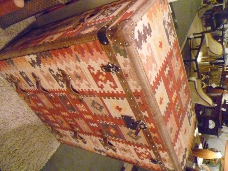 Andrew Martin Signed Kilim Chest Trunk Leather Nailhead Trim 3