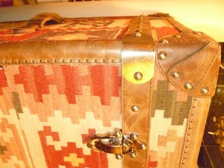 Andrew Martin Signed Kilim Chest Trunk Leather Nailhead Trim 4