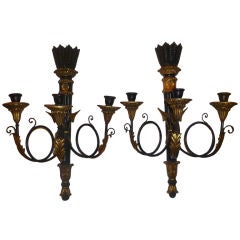 Pair Wooden Metal Painted and Gilt 3 Arm Wall Candleabra Sconces