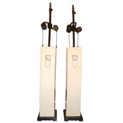 Pair Asian White Tall Lamps Animal Design Rosewood Bases