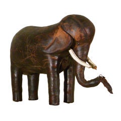 Vintage Leather Elephant Footstool with Tusks Abercrombie Omersa