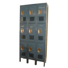 Vintage Set Industrial Lockers Original French Blue Paint Pierced Design