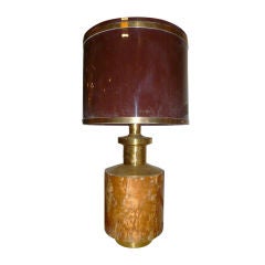 Oversized Burl Wood, Brass and Oxblood Shade Lamp