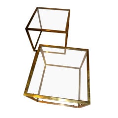 Pair 1970's Cube Brass Glass End Tables Two Shelves