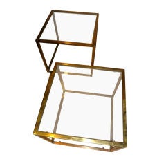 Retro Pair 1970's Cube Brass Glass End Tables Two Shelves