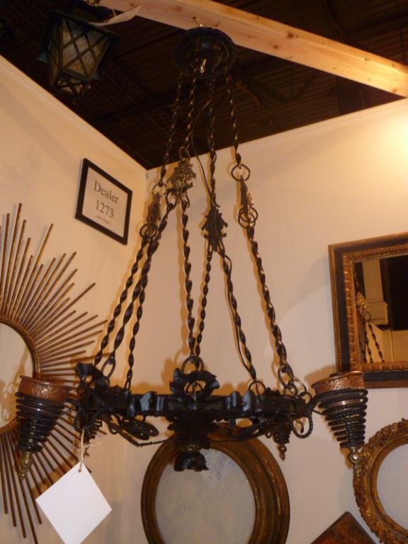 Wrought Iron, Copper and Brass 4 Light Chandelier from Brazil