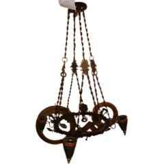 Antique Wrought Iron, Copper and Brass 4 Light Chandelier from Brazil