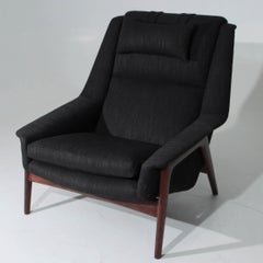 Brazilian Walnut stained solid Birch and black tweed bucket armchair