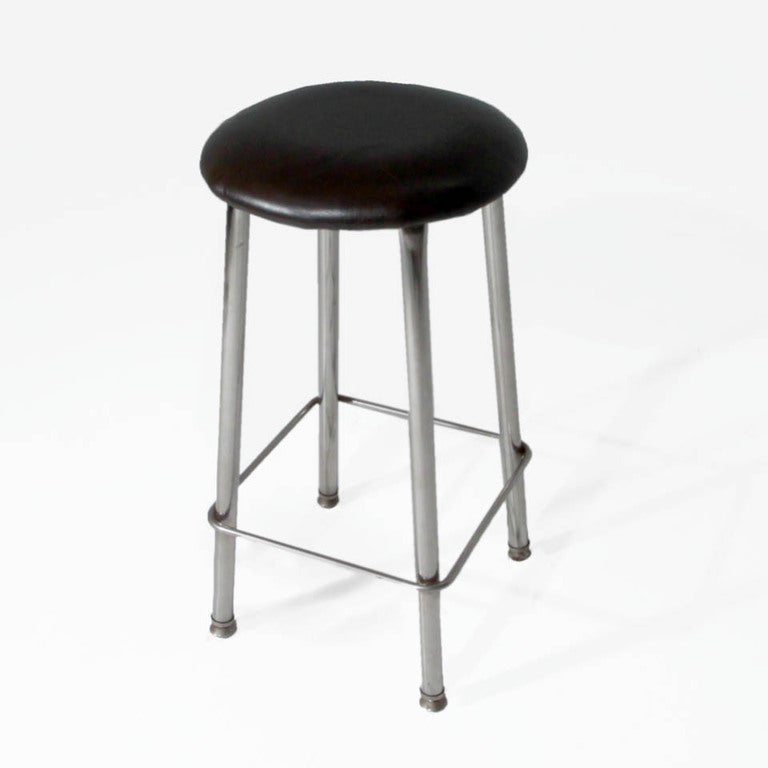 American Set of Seven Chrome and Dark Brown Leather Button Stools For Sale