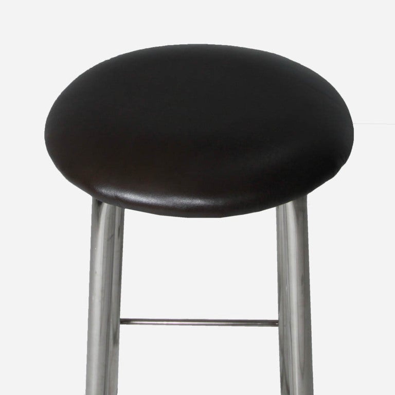 Set of Seven Chrome and Dark Brown Leather Button Stools In Good Condition For Sale In Los Angeles, CA
