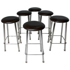 Set of Seven Chrome and Dark Brown Leather Button Stools