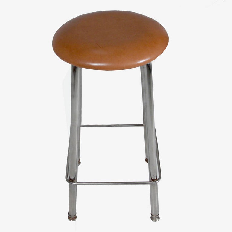 American Set of Three Chrome and Tan Leather Button Stools For Sale