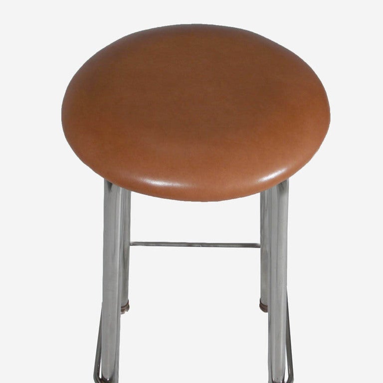 Set of Three Chrome and Tan Leather Button Stools In Good Condition For Sale In Los Angeles, CA