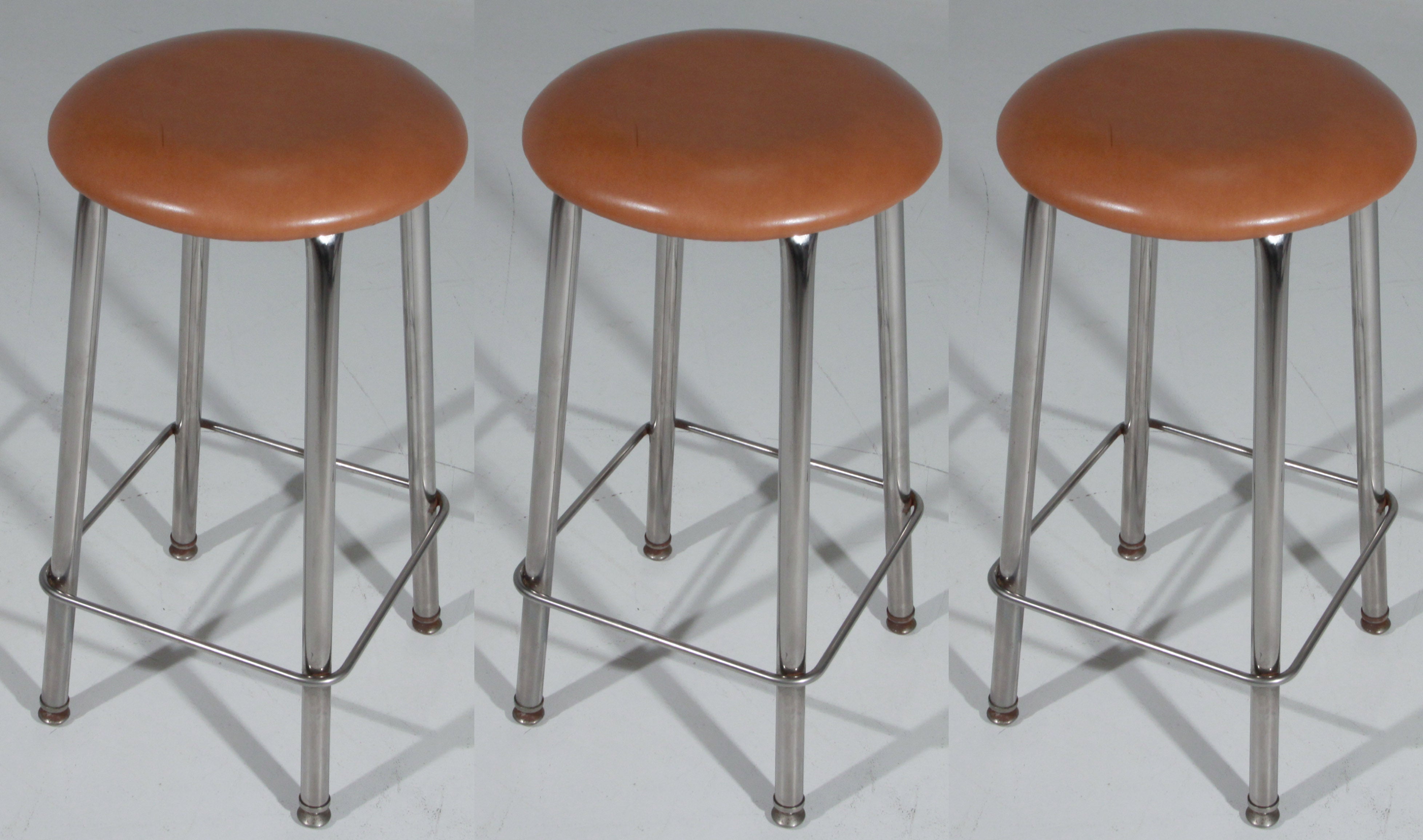 Set of Three Chrome and Tan Leather Button Stools For Sale