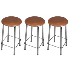 Set of Three Chrome and Tan Leather Button Stools
