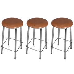 Set of 3 chrome and tan leather button stools 2