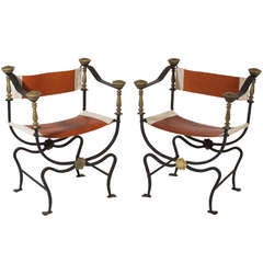 Pair of Iron and Brass Campaign Chairs with Sling Seats
