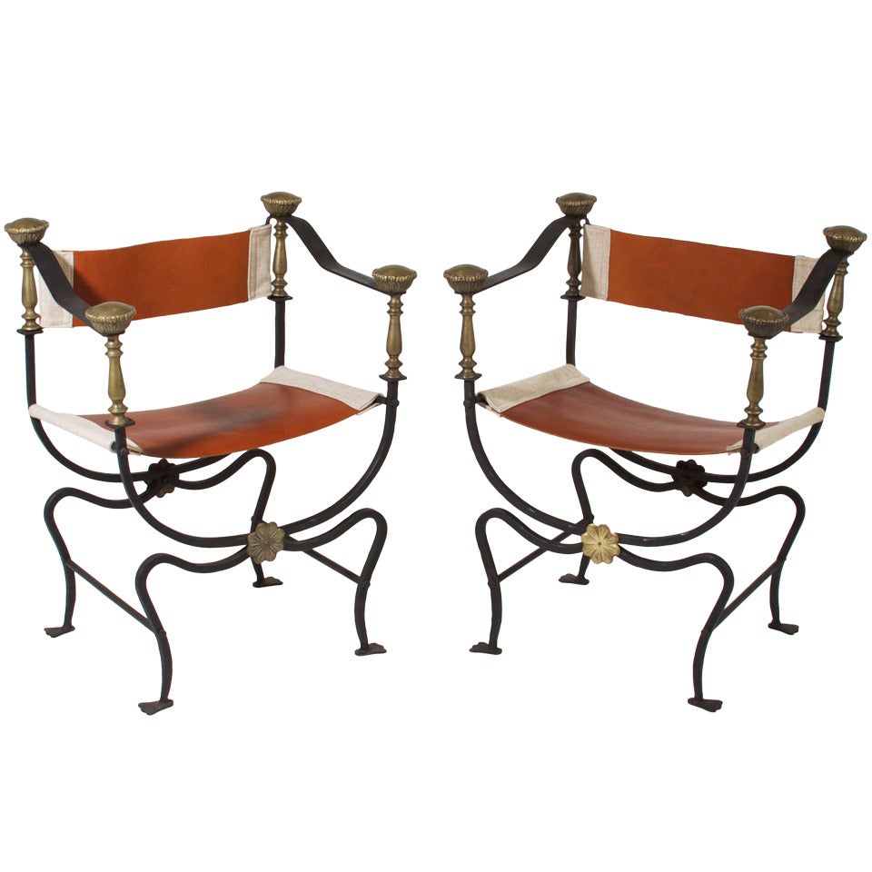 Pair of Iron and Brass Campaign Chairs with Sling Seats