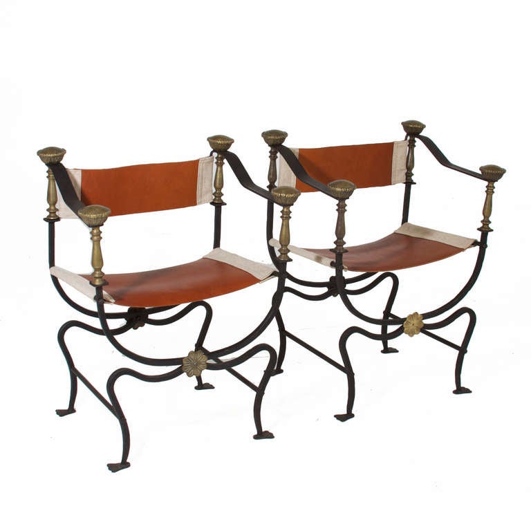 French Pair of Iron and Brass Campaign Chairs with Sling Seats