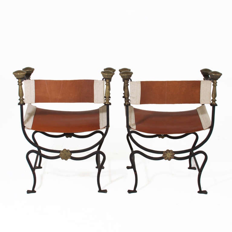Mid-20th Century Pair of Iron and Brass Campaign Chairs with Sling Seats